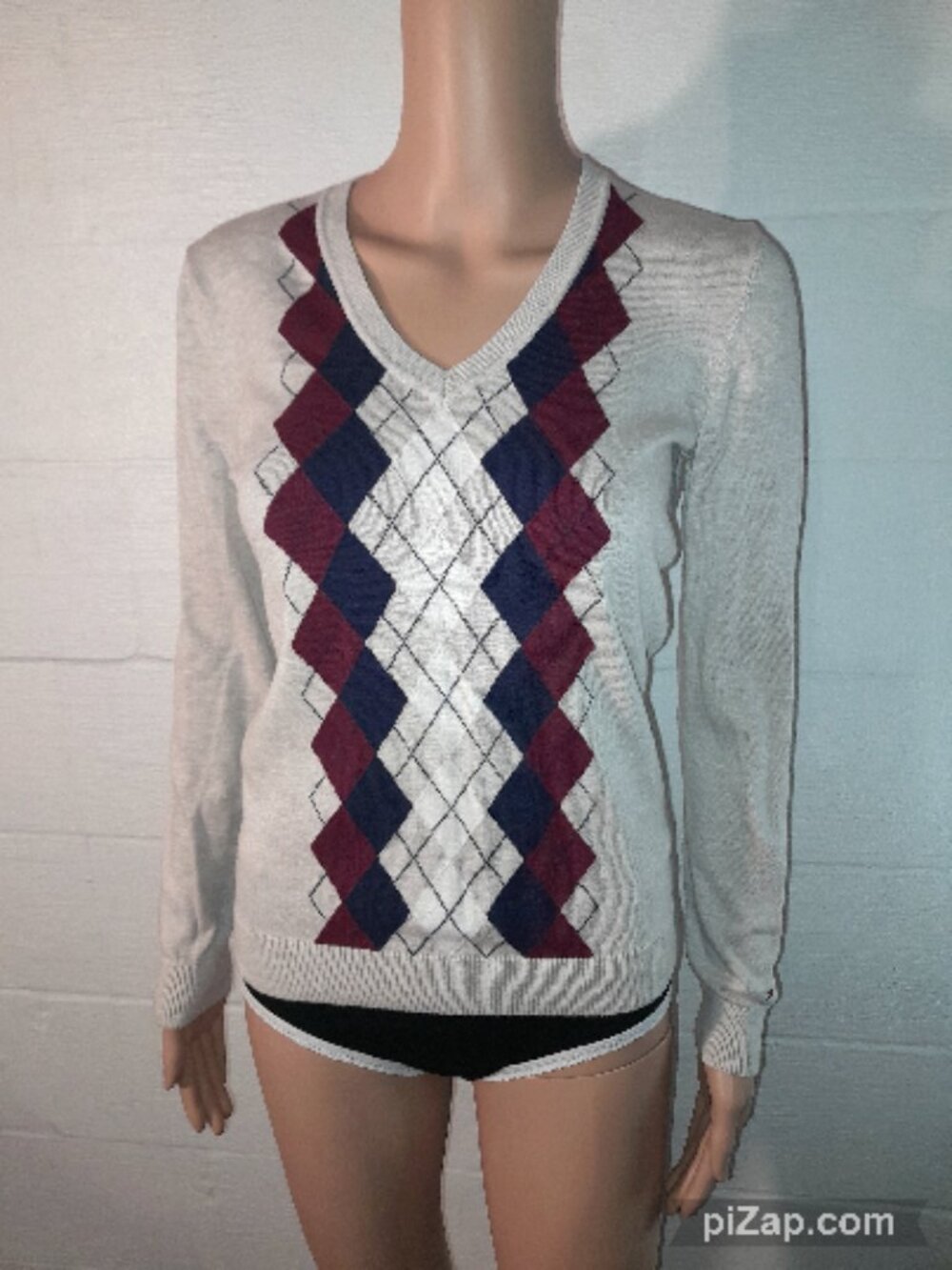 Tommy Hilfiger Women's Small V-Neck Argyle Sweater Beige Navy Red Retro Y2K